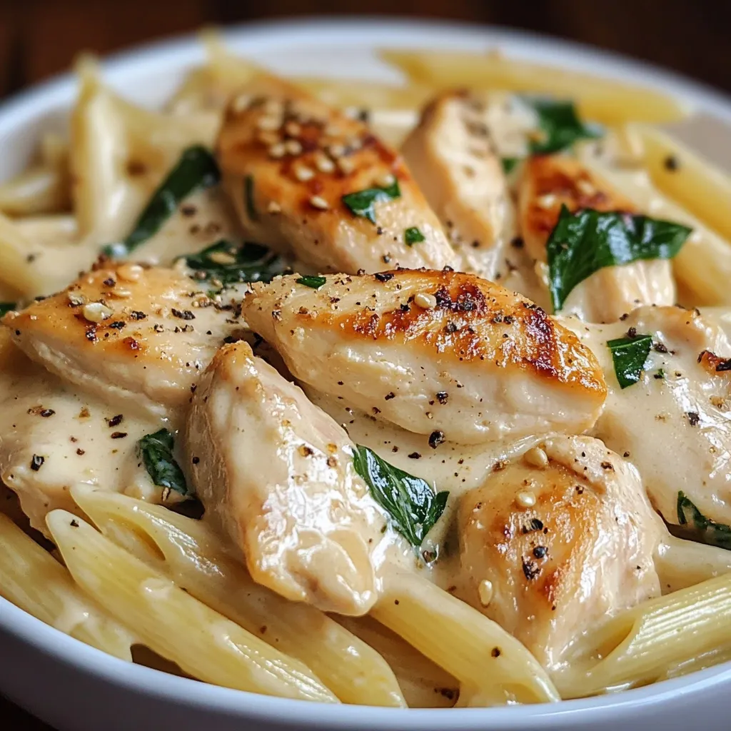 Creamy garlic chicken and penne pasta served in a skillet topped with parsley