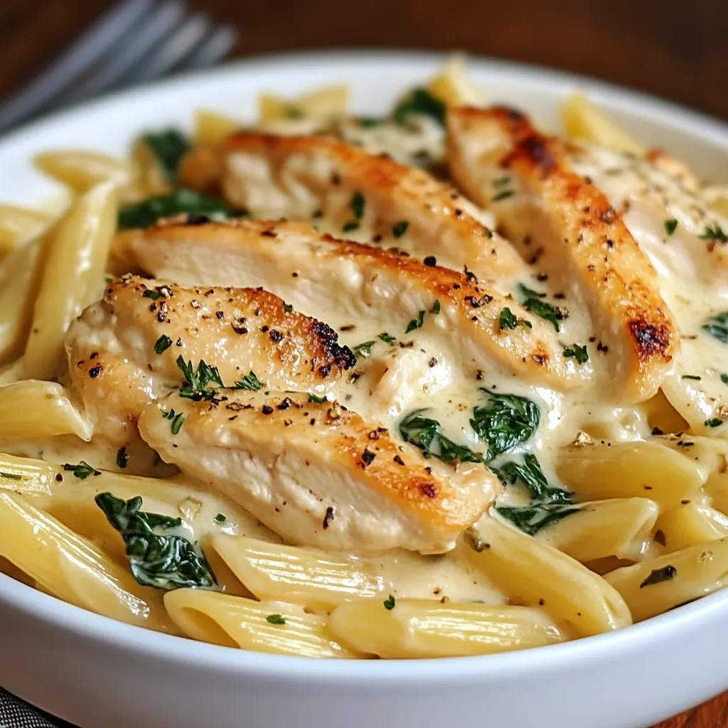 Creamy garlic chicken and penne pasta served in a skillet topped with parsley
