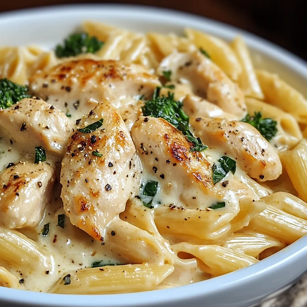 Creamy garlic chicken and penne pasta served in a skillet topped with parsley