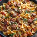 Creamy Italian sausage pasta served in a bowl with Parmesan and fresh basil