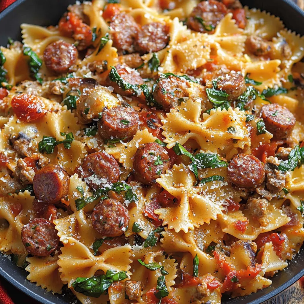 Creamy Italian sausage pasta served in a bowl with Parmesan and fresh basil