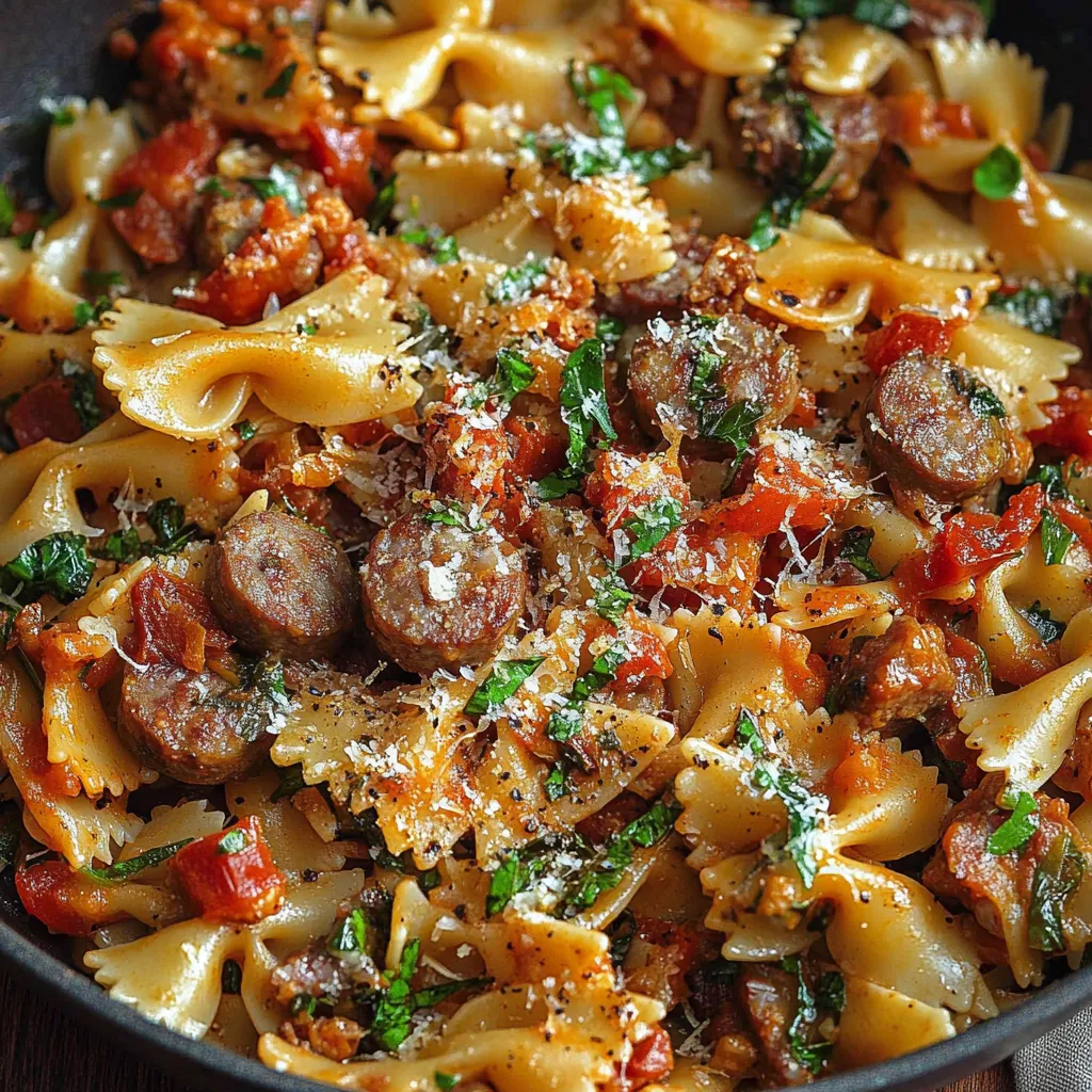 Creamy Italian sausage pasta served in a bowl with Parmesan and fresh basil