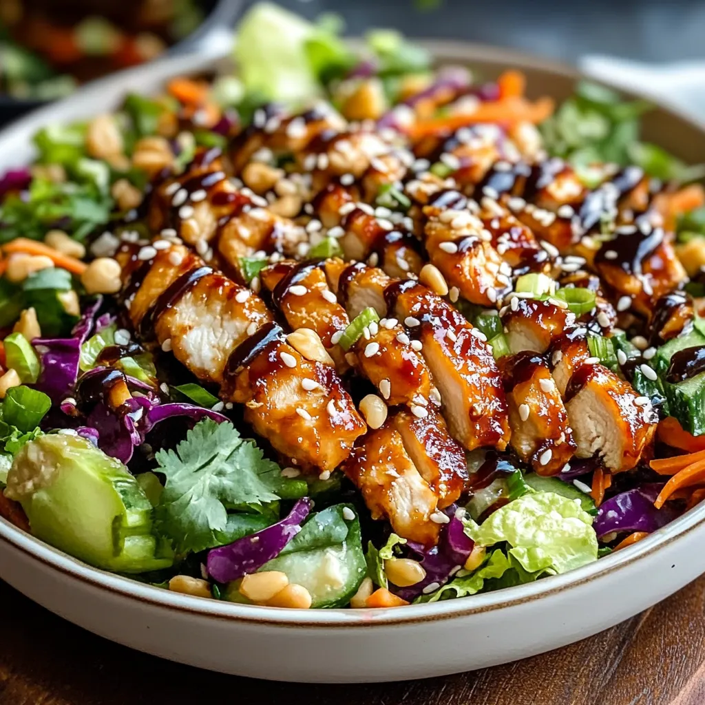 A bowl of crunchy Asian sesame chicken salad topped with crispy noodles and sesame seeds