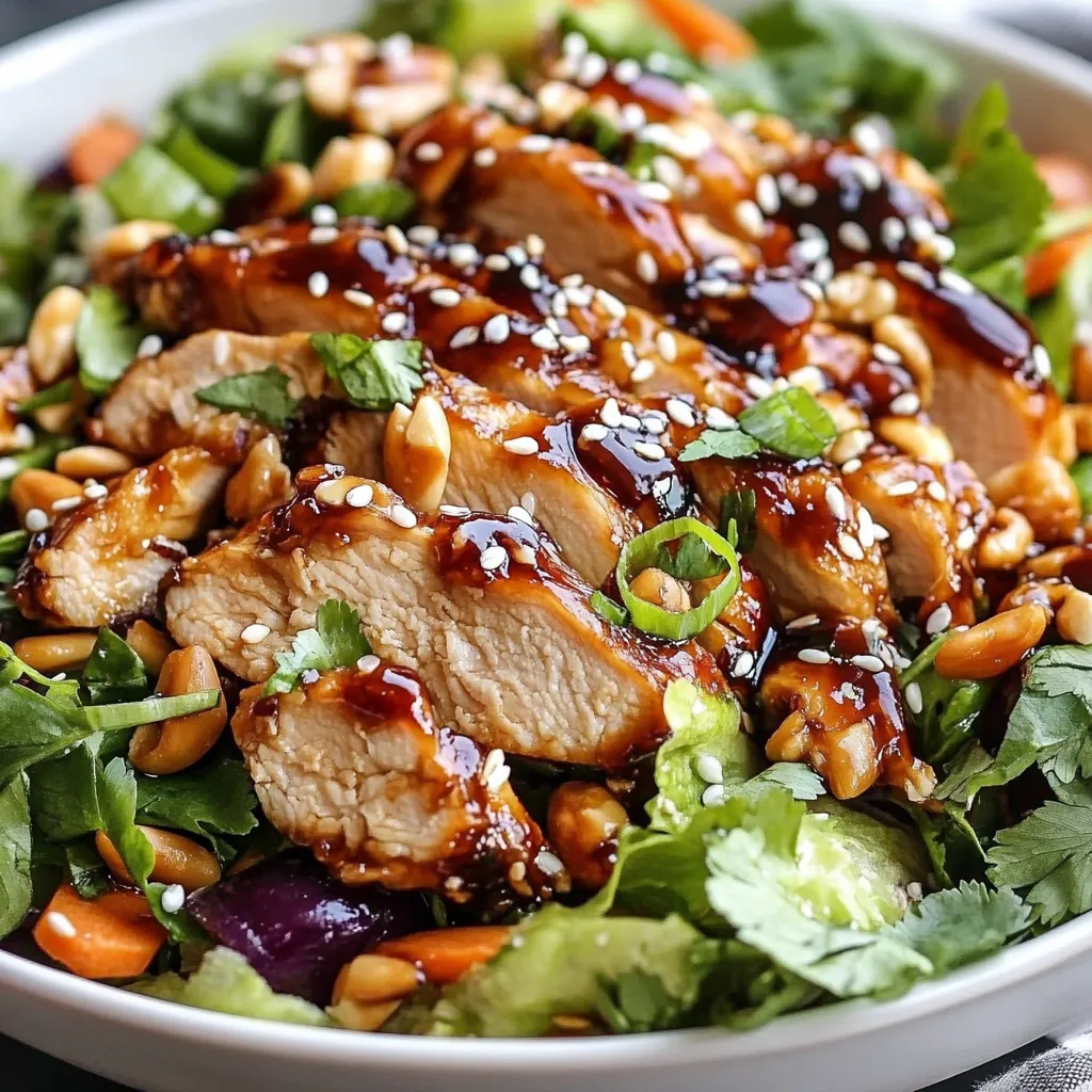 A bowl of crunchy Asian sesame chicken salad topped with crispy noodles and sesame seeds