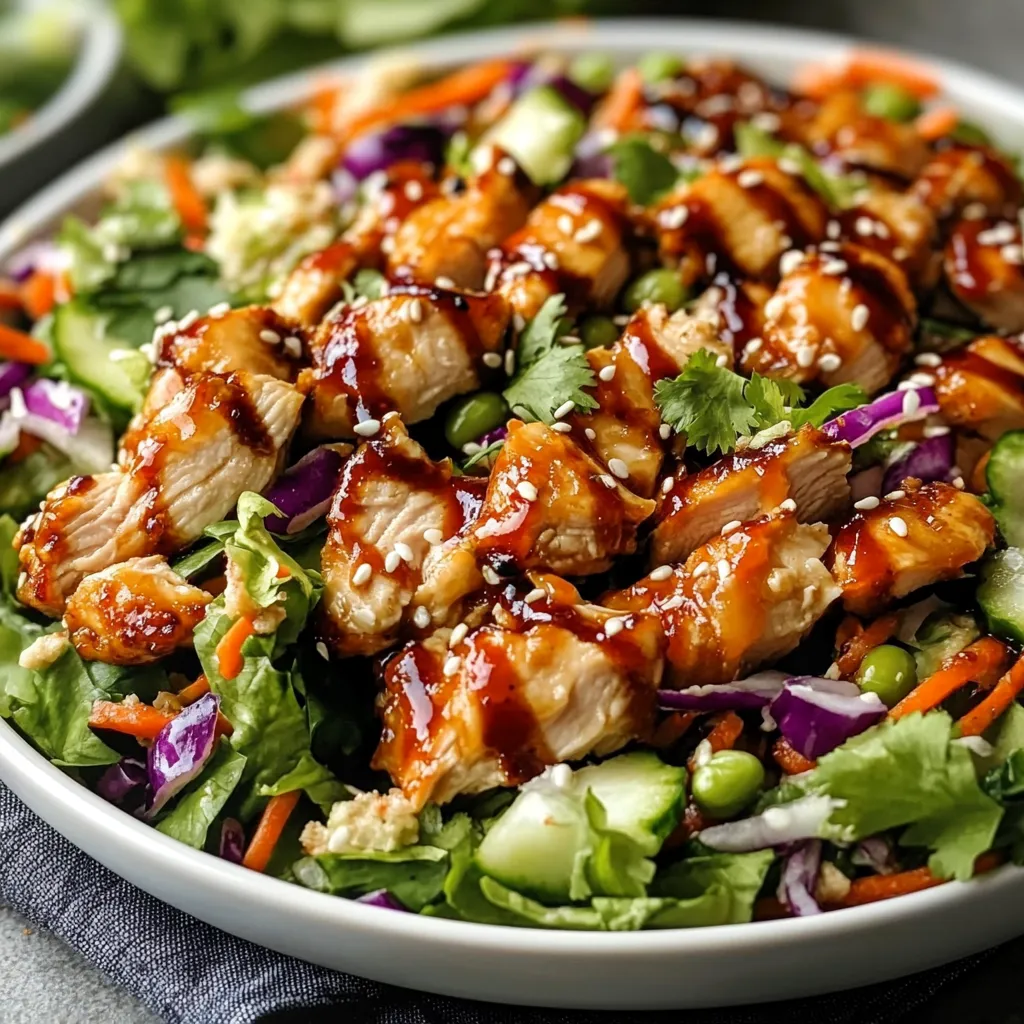 A bowl of crunchy Asian sesame chicken salad topped with crispy noodles and sesame seeds