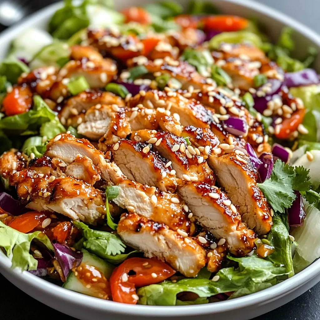 A bowl of crunchy Asian sesame chicken salad topped with crispy noodles and sesame seeds
