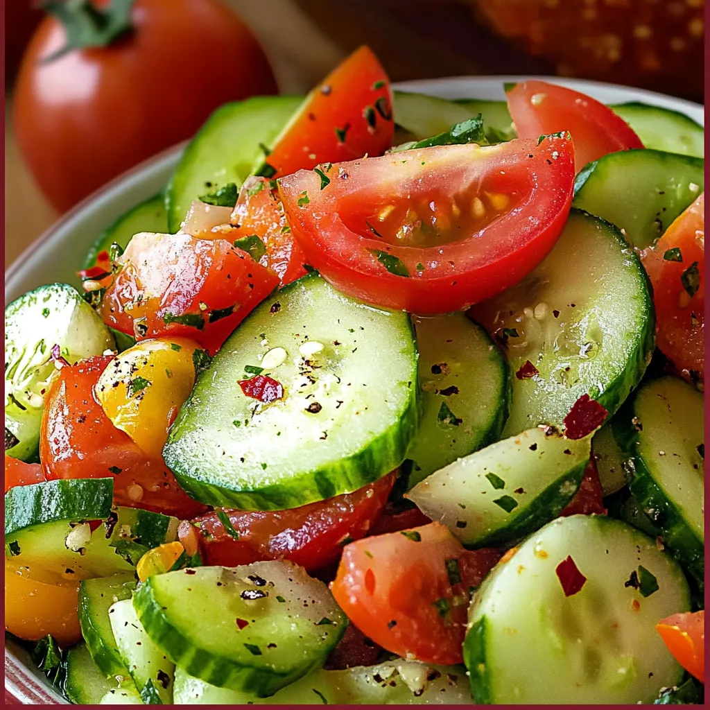 Fresh cucumber tomato salad tossed with lemon poppy seed dressing and garnished with dill.