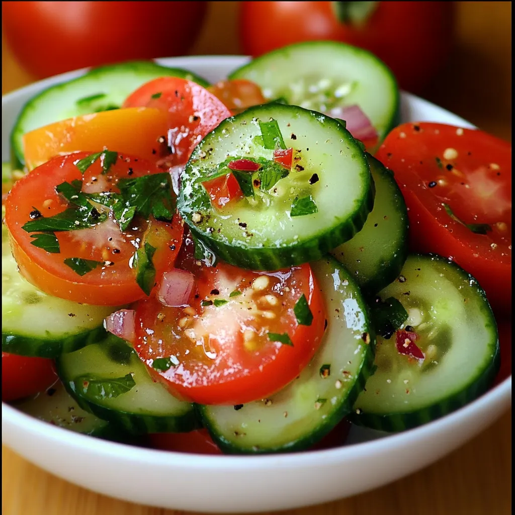 Fresh cucumber tomato salad tossed with lemon poppy seed dressing and garnished with dill.