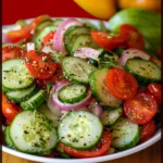 Fresh cucumber tomato salad tossed with lemon poppy seed dressing and garnished with dill.