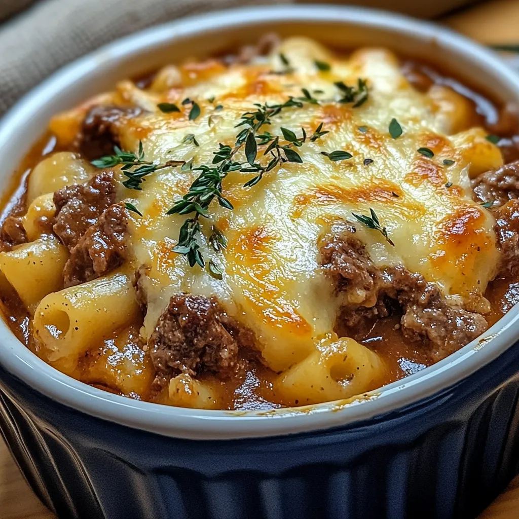 Layered casserole of pasta, beef, and melted cheese baked in a glass dish