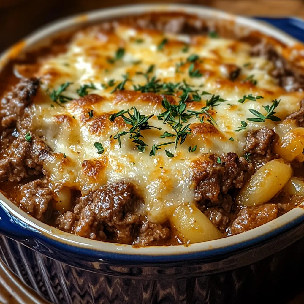 Layered casserole of pasta, beef, and melted cheese baked in a glass dish