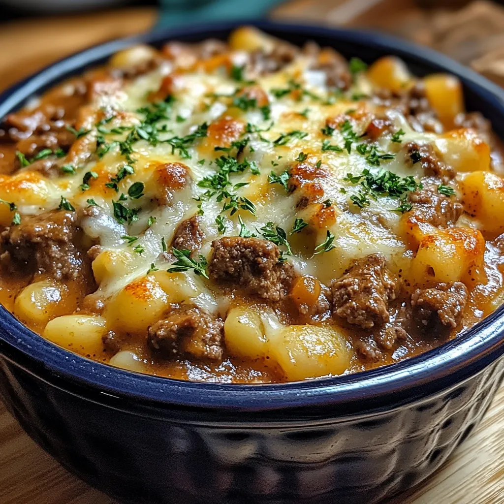 Layered casserole of pasta, beef, and melted cheese baked in a glass dish
