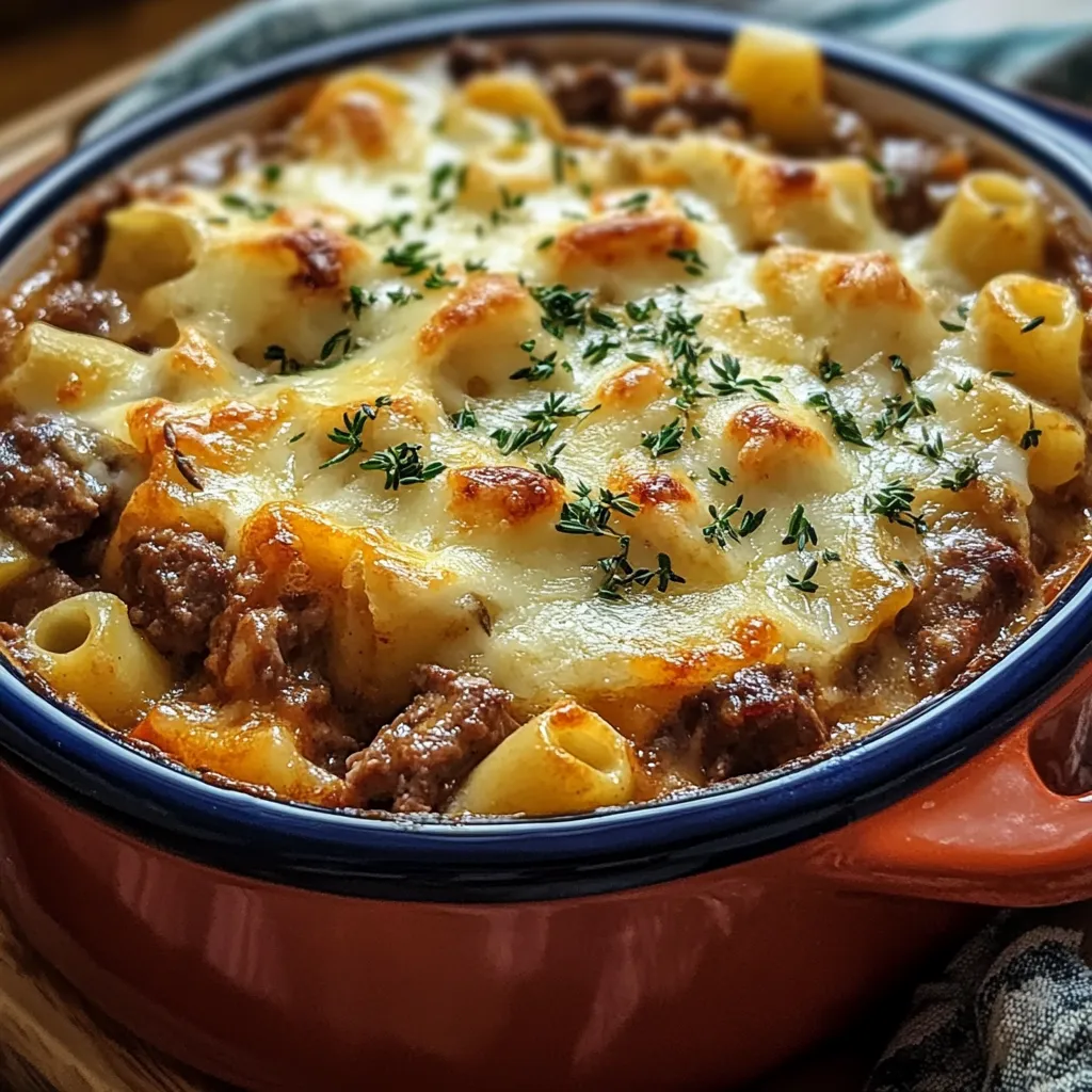 Layered casserole of pasta, beef, and melted cheese baked in a glass dish