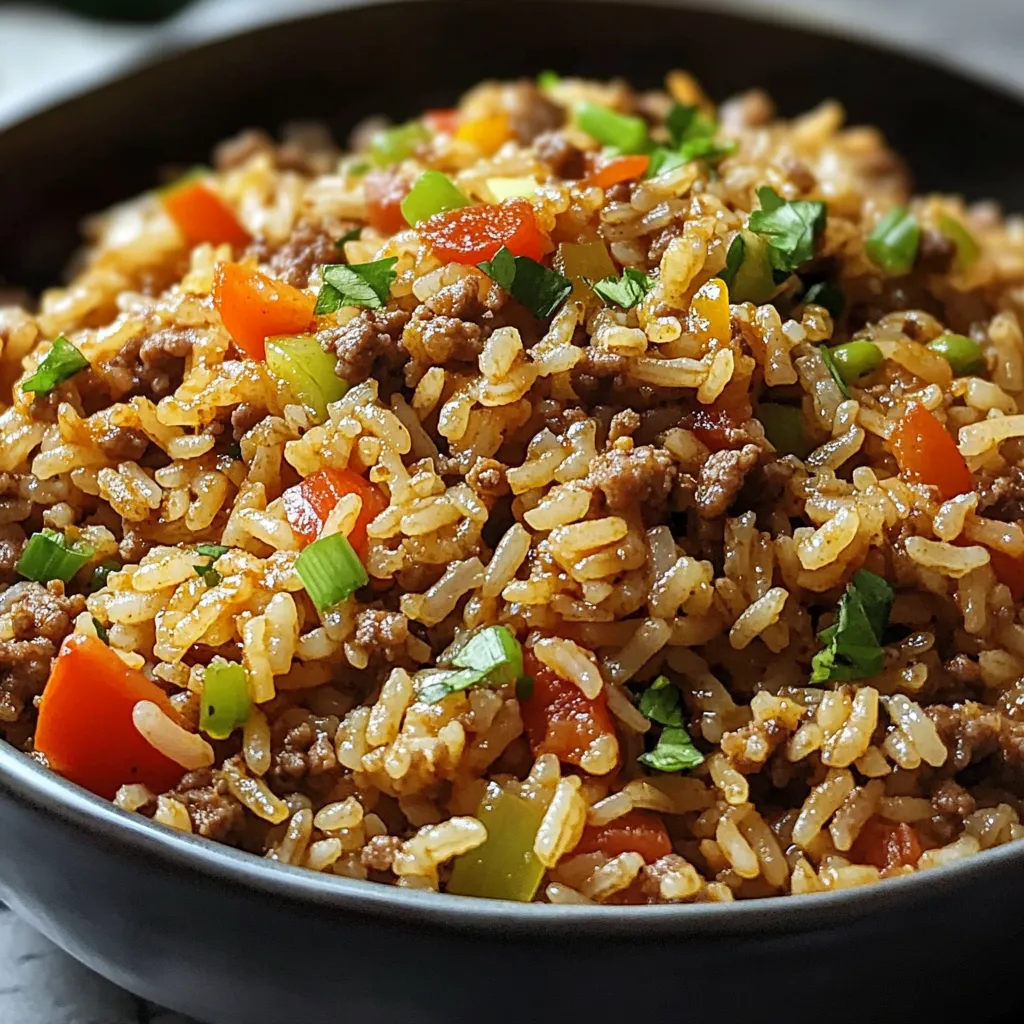 A skillet filled with dirty rice featuring ground beef, vegetables, and garnished with green onions.