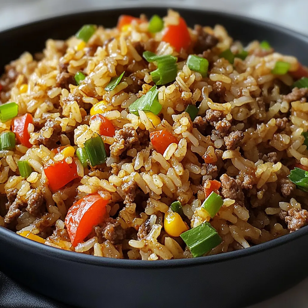 A skillet filled with dirty rice featuring ground beef, vegetables, and garnished with green onions.