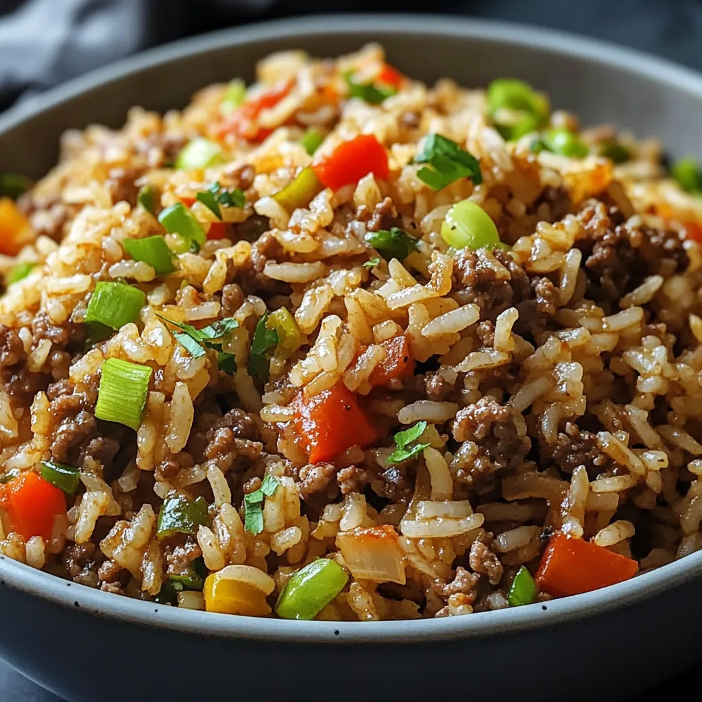 A skillet filled with dirty rice featuring ground beef, vegetables, and garnished with green onions.