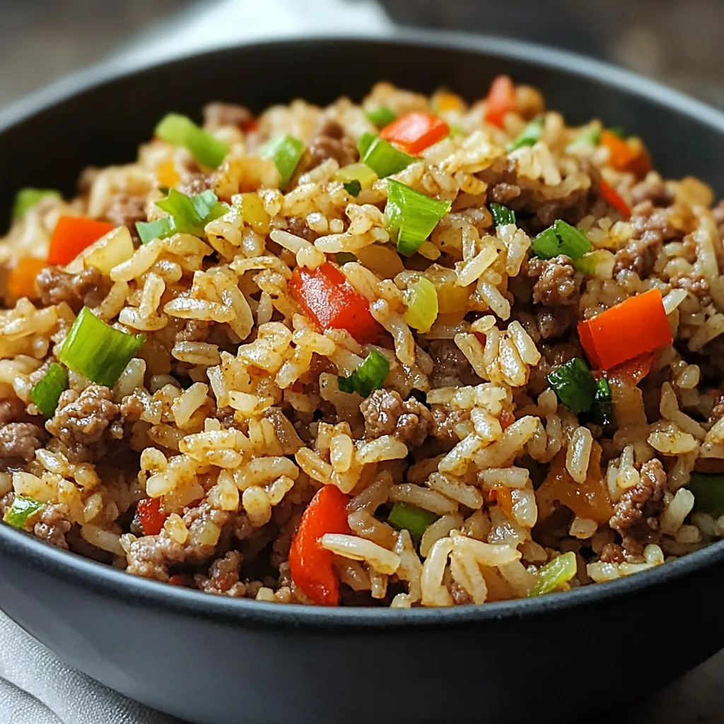 A skillet filled with dirty rice featuring ground beef, vegetables, and garnished with green onions.