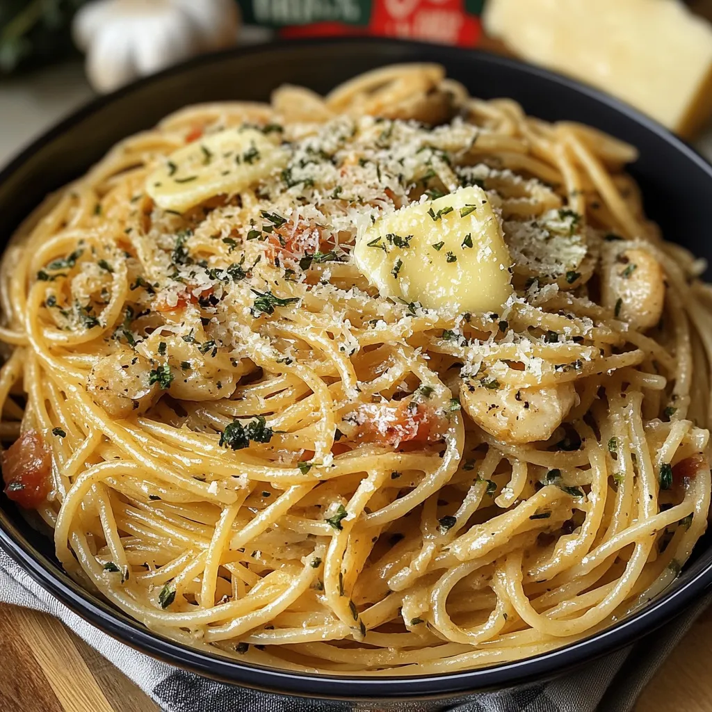 A plate of spaghetti tossed in golden garlic butter sauce, garnished with Parmesan and fresh herbs.