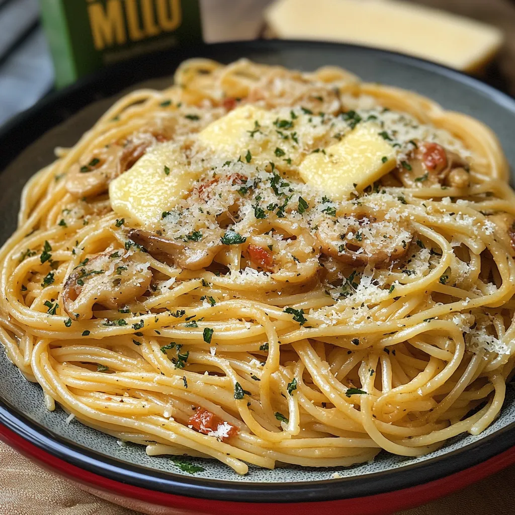 A plate of spaghetti tossed in golden garlic butter sauce, garnished with Parmesan and fresh herbs.