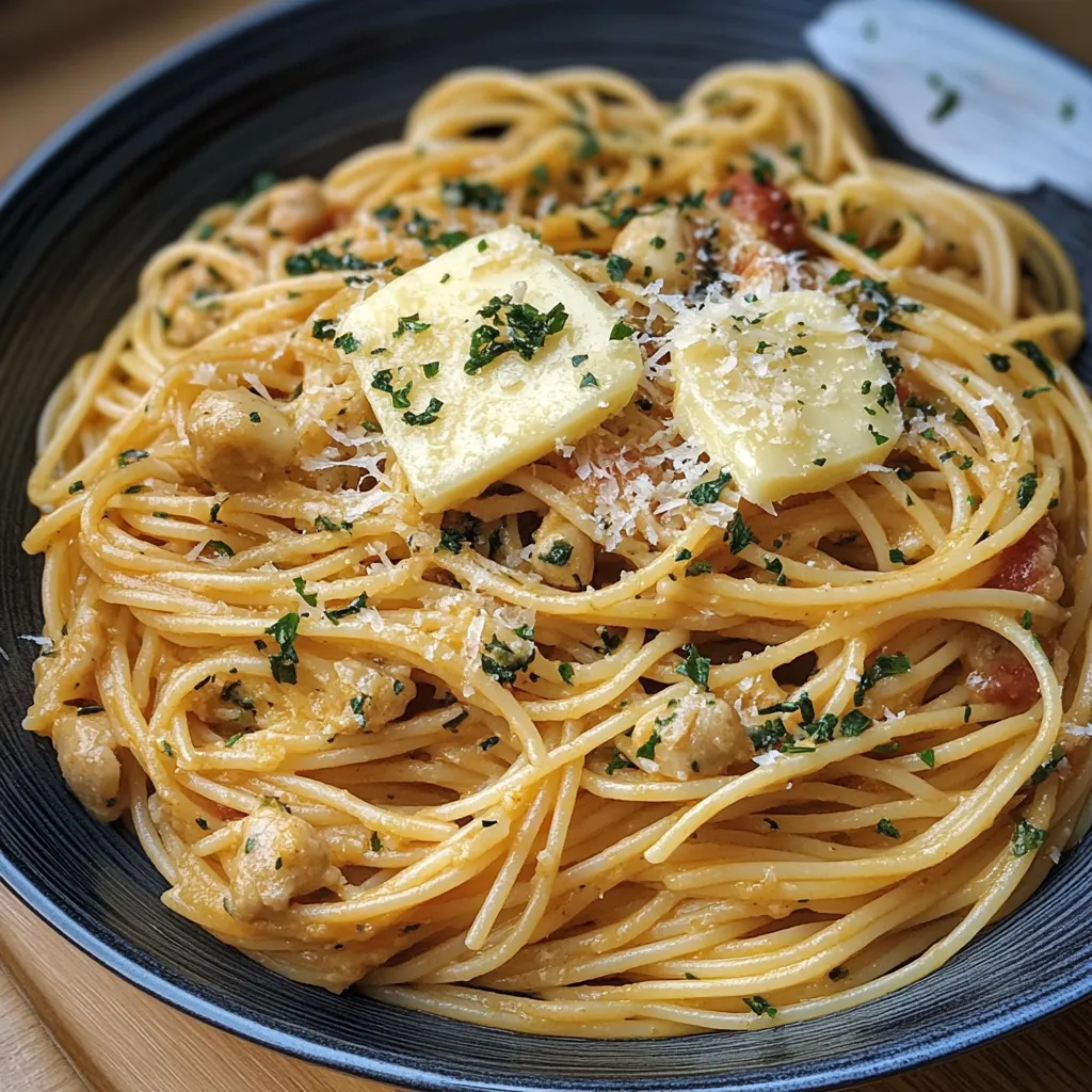 A plate of spaghetti tossed in golden garlic butter sauce, garnished with Parmesan and fresh herbs.
