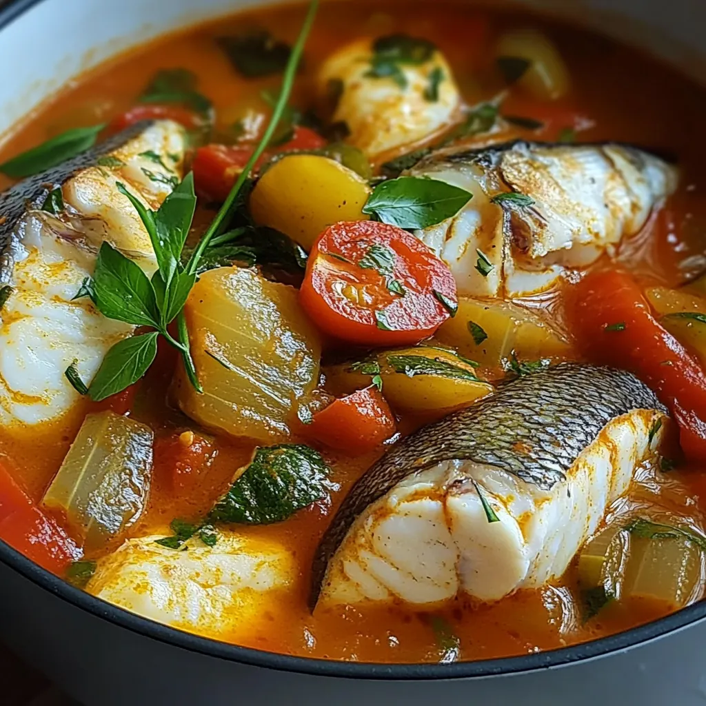 A bowl of Easy Fish Stew with white fish, potatoes, carrots, and fresh parsley in a tomato-based broth