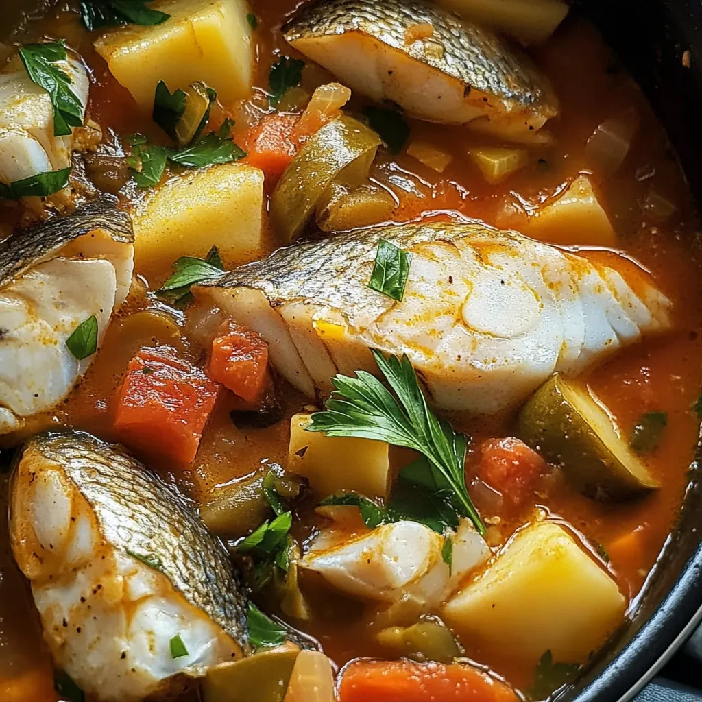 A bowl of Easy Fish Stew with white fish, potatoes, carrots, and fresh parsley in a tomato-based broth