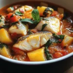 A bowl of Easy Fish Stew with white fish, potatoes, carrots, and fresh parsley in a tomato-based broth