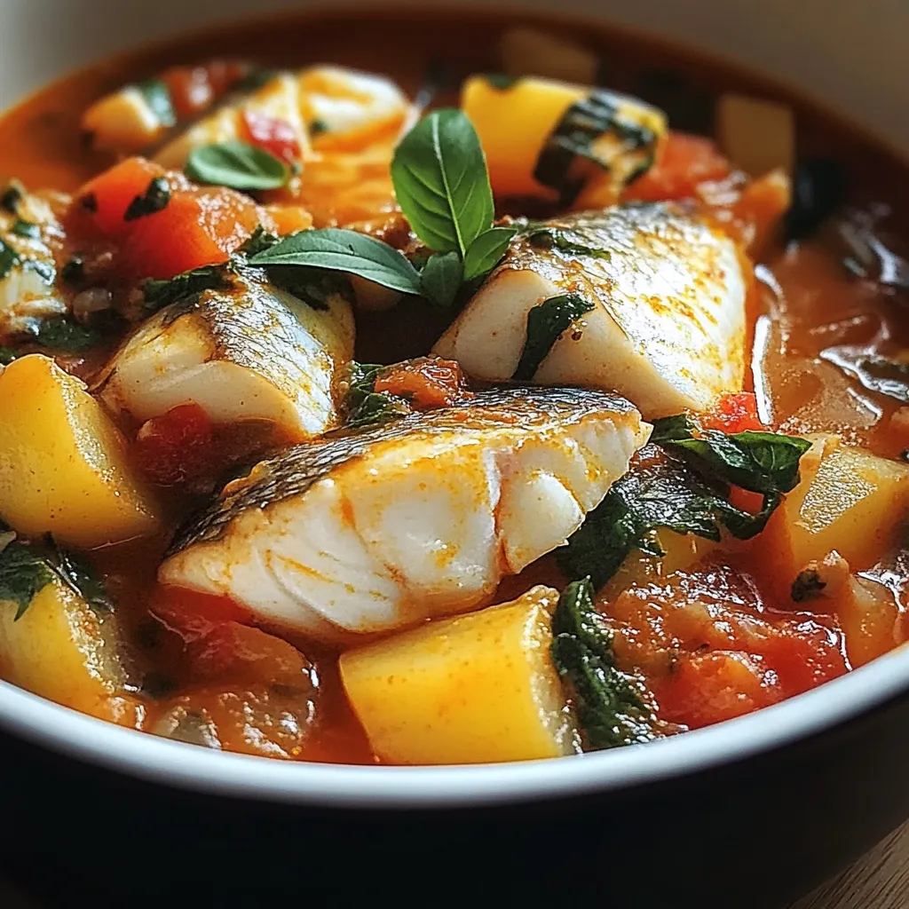 A bowl of Easy Fish Stew with white fish, potatoes, carrots, and fresh parsley in a tomato-based broth