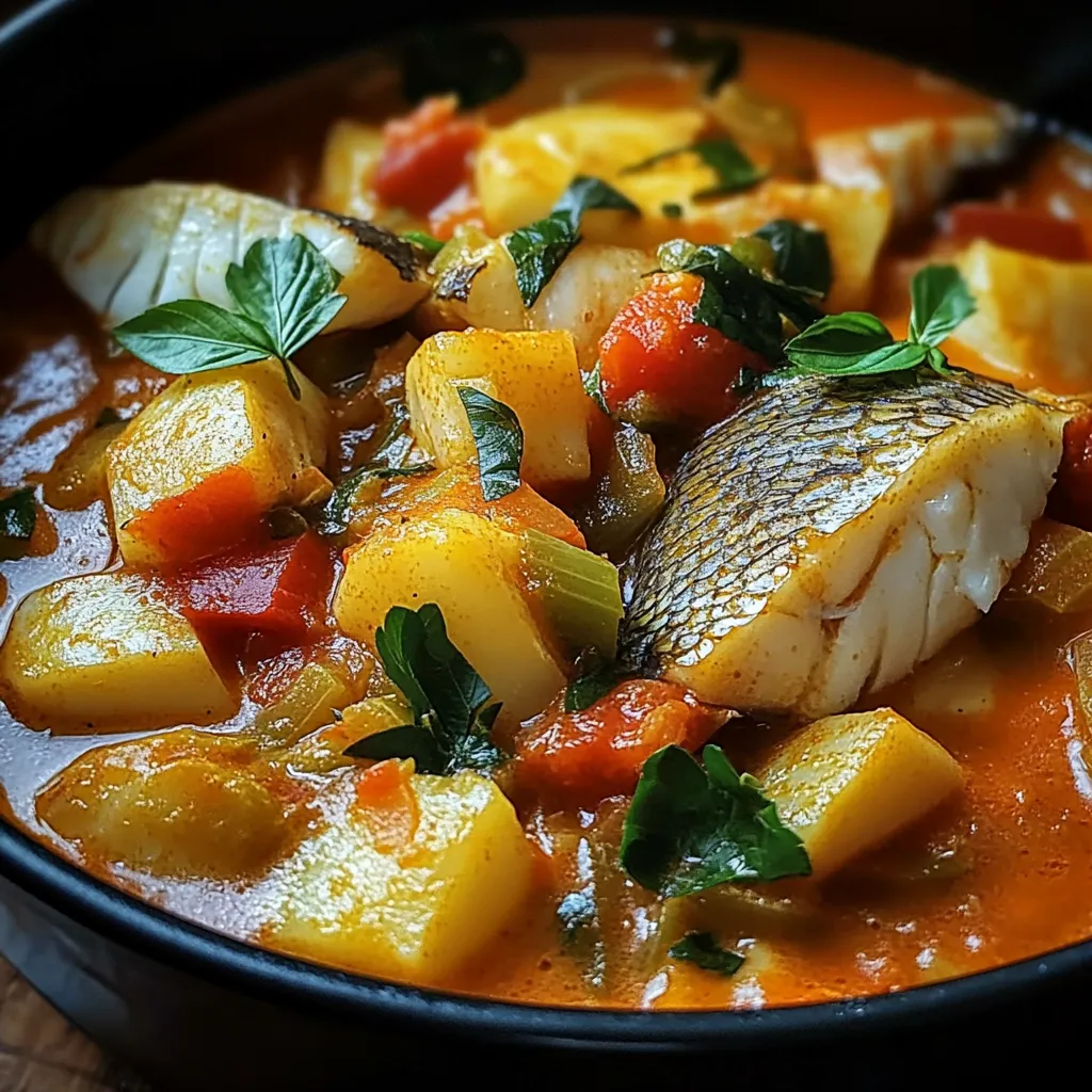 A bowl of Easy Fish Stew with white fish, potatoes, carrots, and fresh parsley in a tomato-based broth