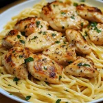 Creamy garlic butter chicken pasta served in a skillet, topped with fresh parsley and parmesan.