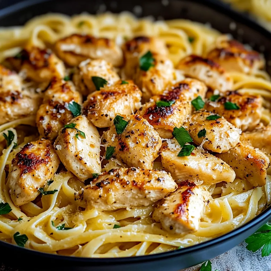 Creamy garlic butter chicken pasta served in a skillet, topped with fresh parsley and parmesan.