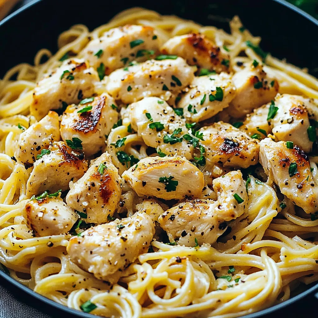 Creamy garlic butter chicken pasta served in a skillet, topped with fresh parsley and parmesan.