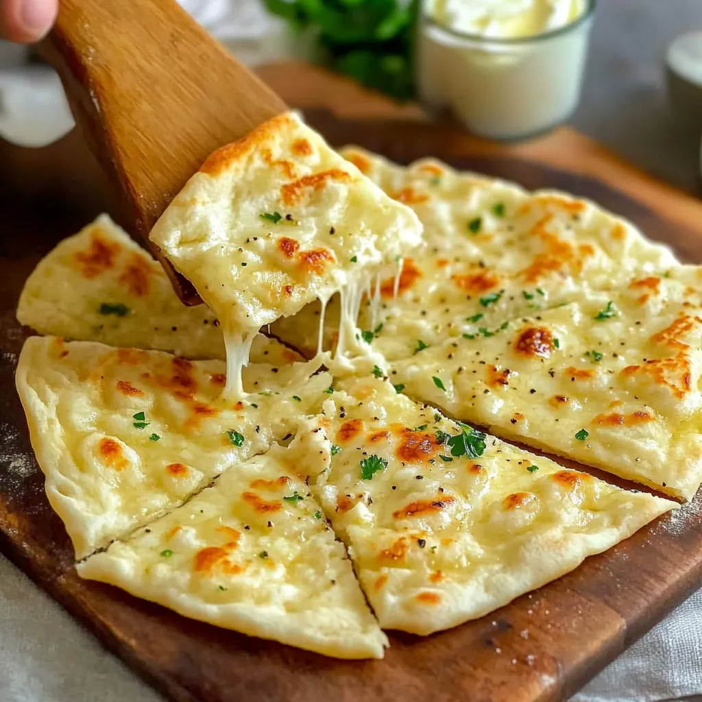 Freshly cooked garlic and butter flatbreads stacked and brushed with garlic butter