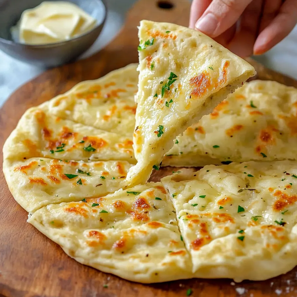 Freshly cooked garlic and butter flatbreads stacked and brushed with garlic butter
