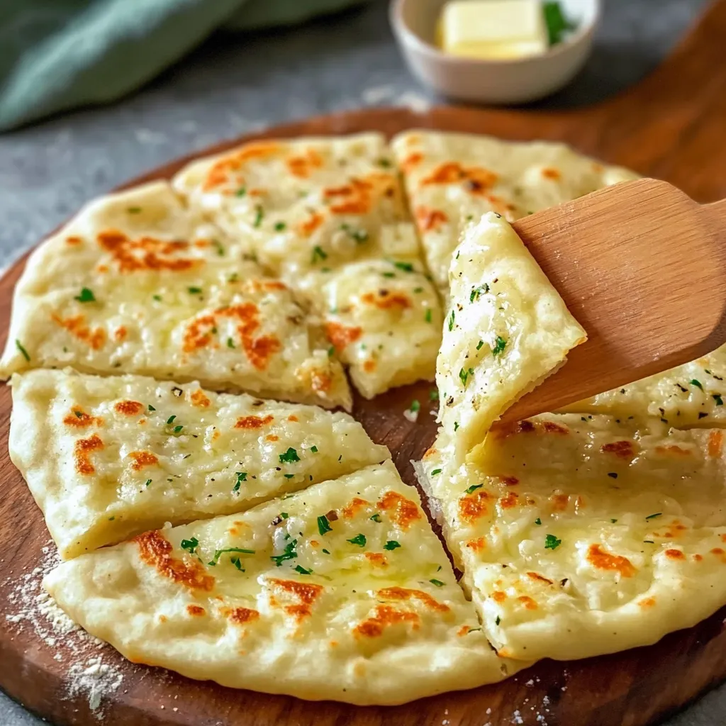 Freshly cooked garlic and butter flatbreads stacked and brushed with garlic butter