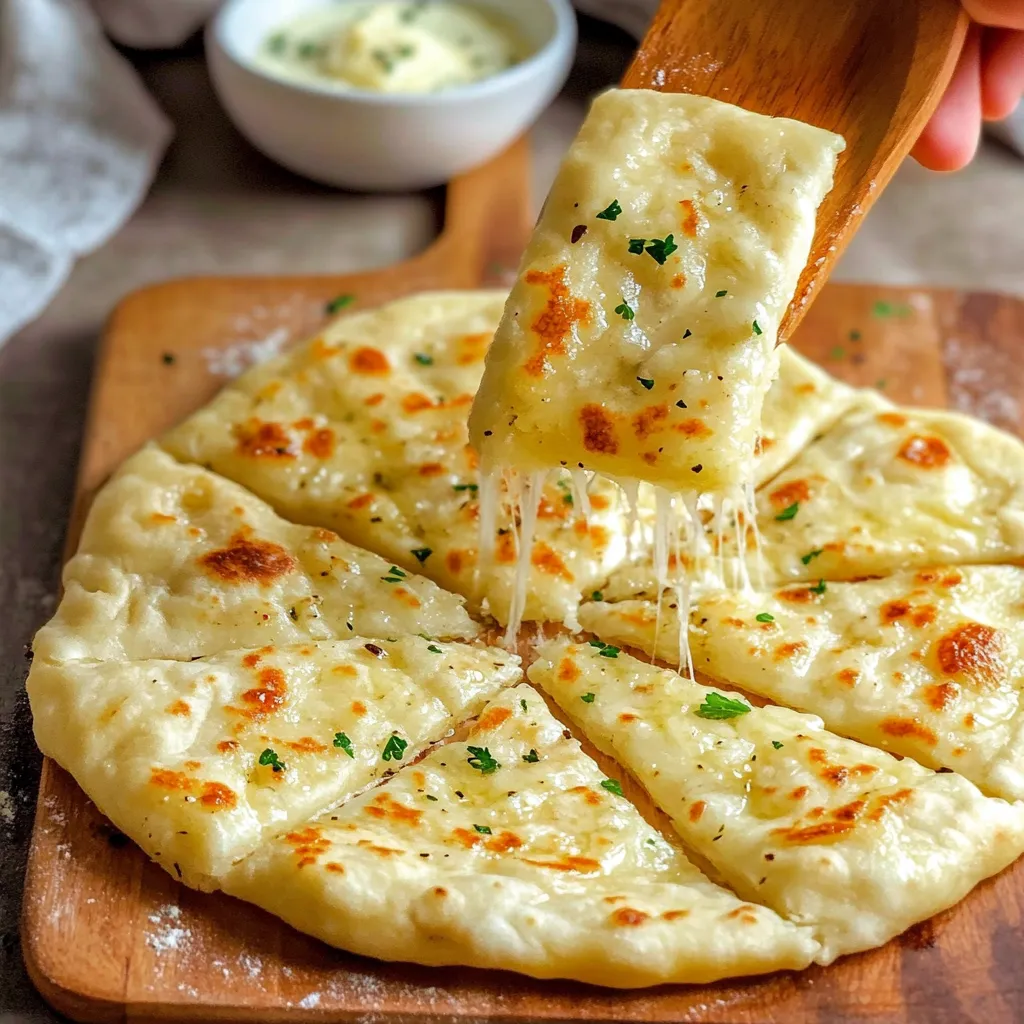 Freshly cooked garlic and butter flatbreads stacked and brushed with garlic butter