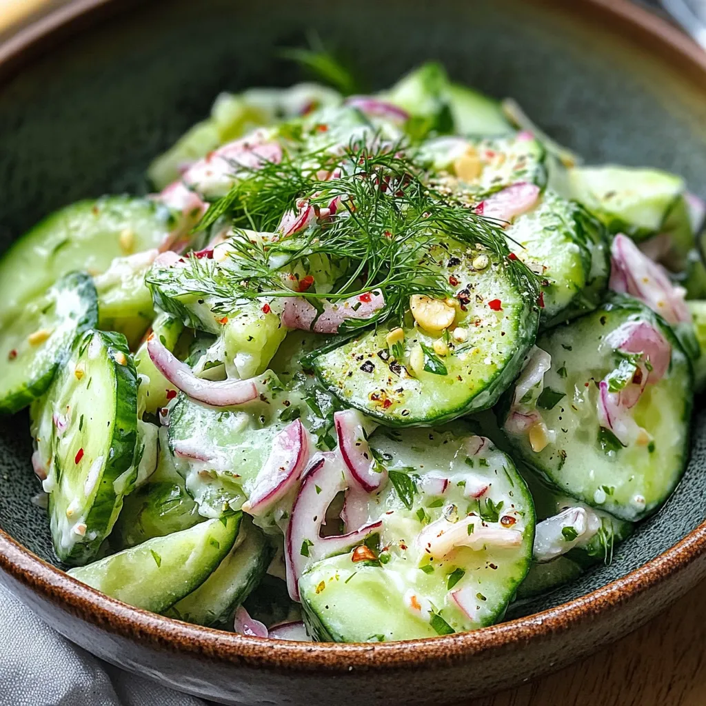 Thinly sliced cucumber salad with fresh dill and creamy dressing in a white bowl.