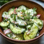 Thinly sliced cucumber salad with fresh dill and creamy dressing in a white bowl.
