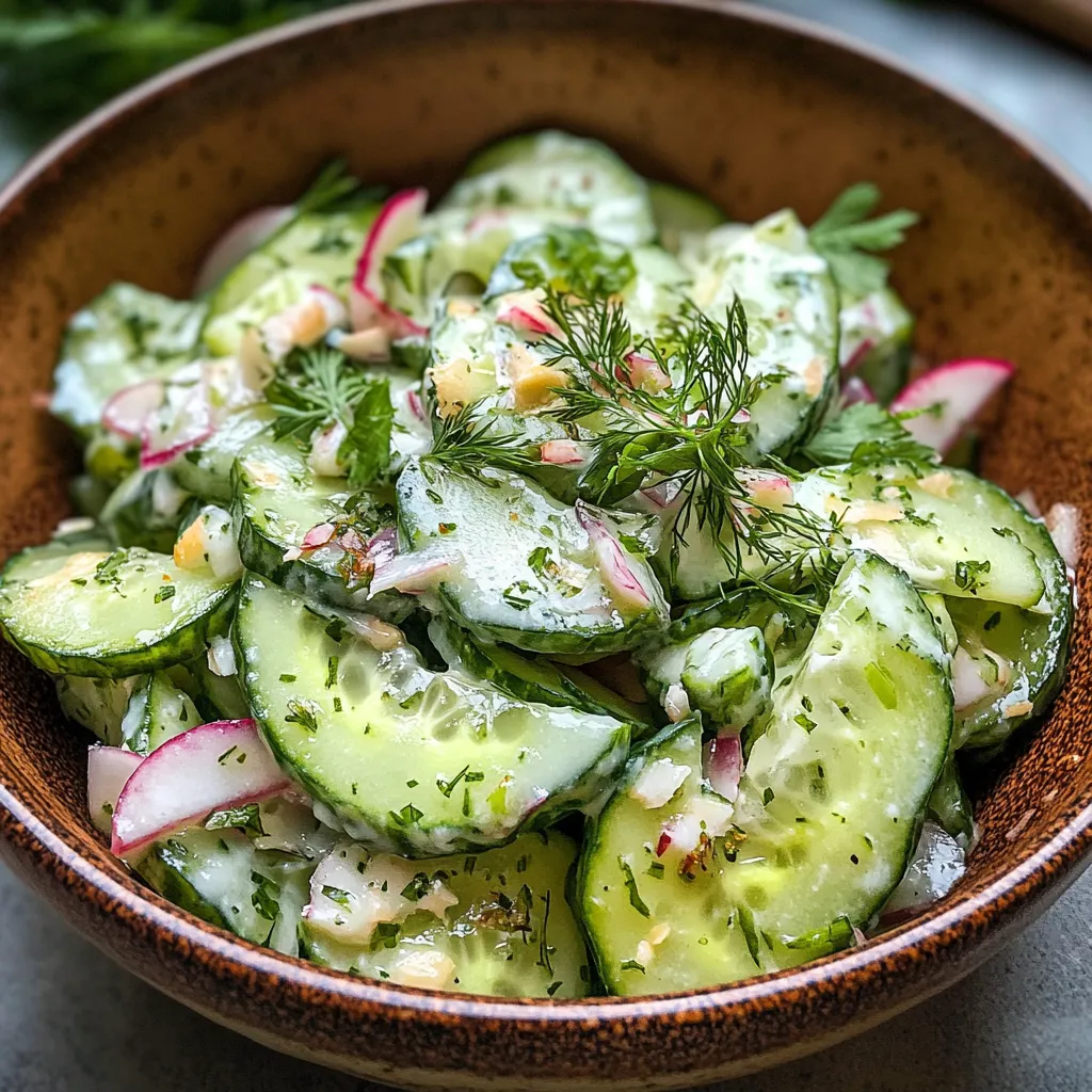 Thinly sliced cucumber salad with fresh dill and creamy dressing in a white bowl.