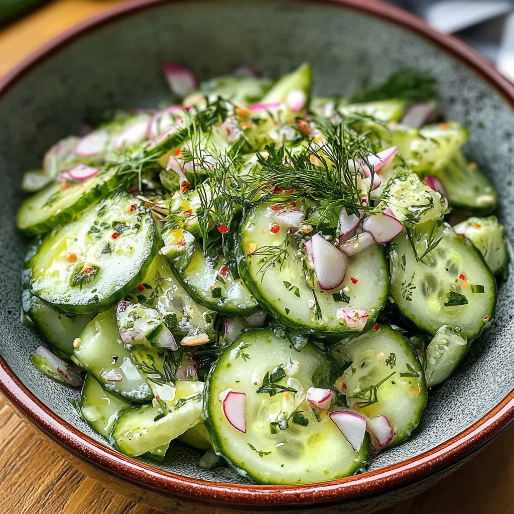 Thinly sliced cucumber salad with fresh dill and creamy dressing in a white bowl.
