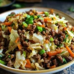 Healthy Chinese ground beef and cabbage stir fry in a skillet with green onion and sesame garnish.