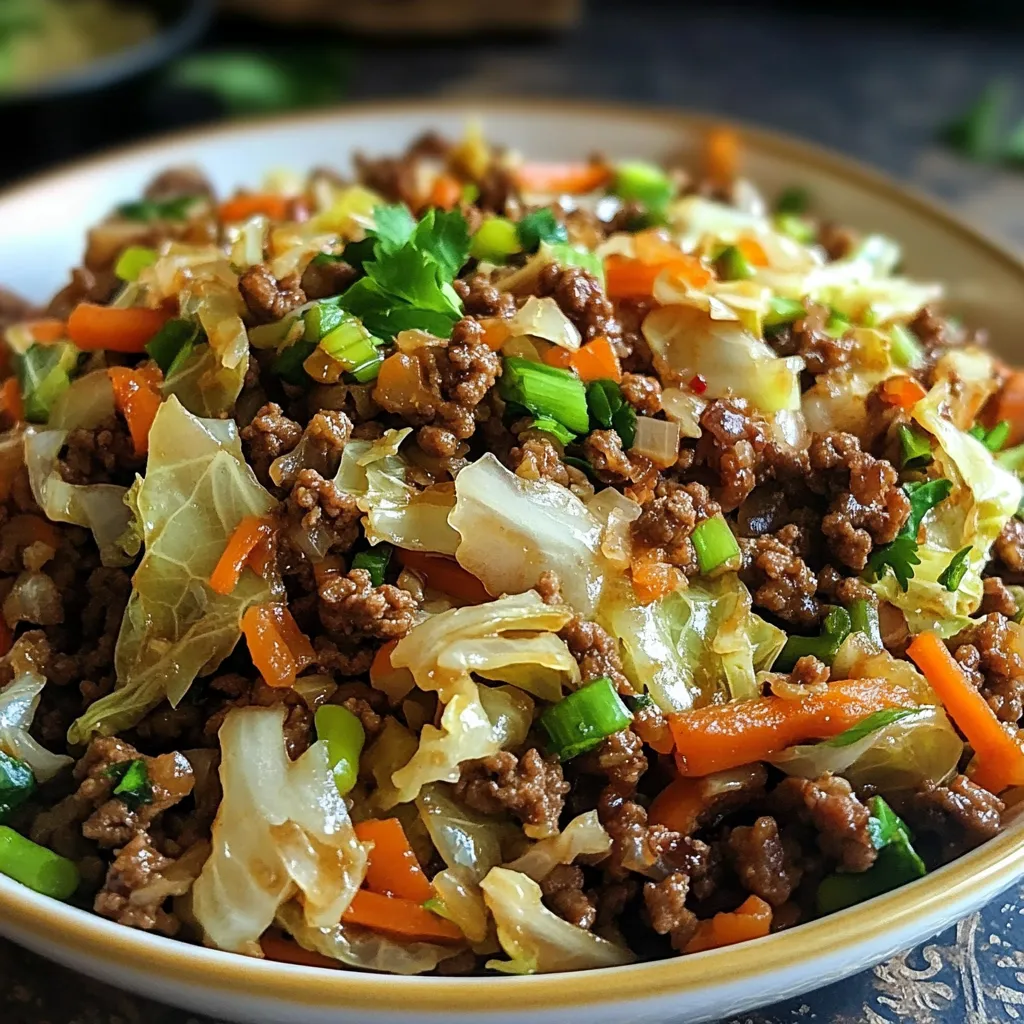 Healthy Chinese ground beef and cabbage stir fry in a skillet with green onion and sesame garnish.