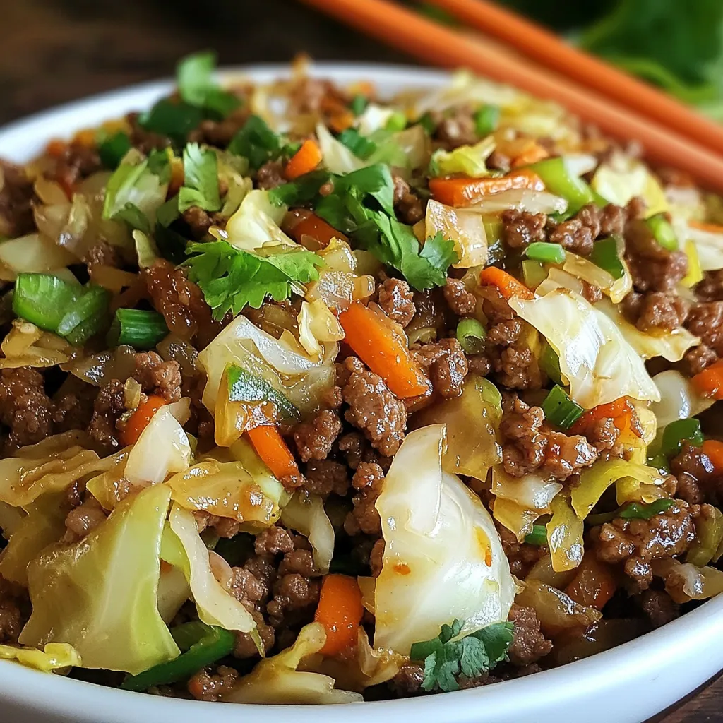 Healthy Chinese ground beef and cabbage stir fry in a skillet with green onion and sesame garnish.