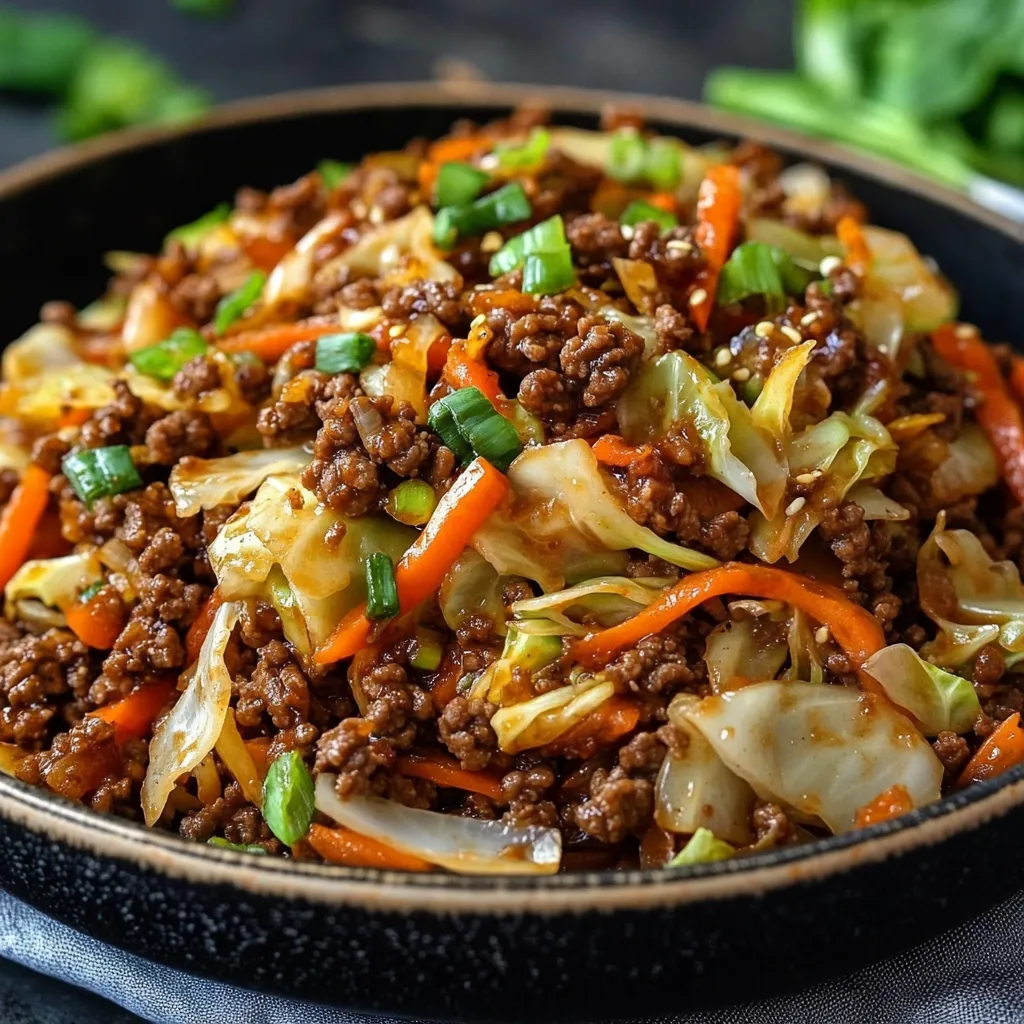 Healthy Chinese ground beef and cabbage stir fry in a skillet with green onion and sesame garnish.