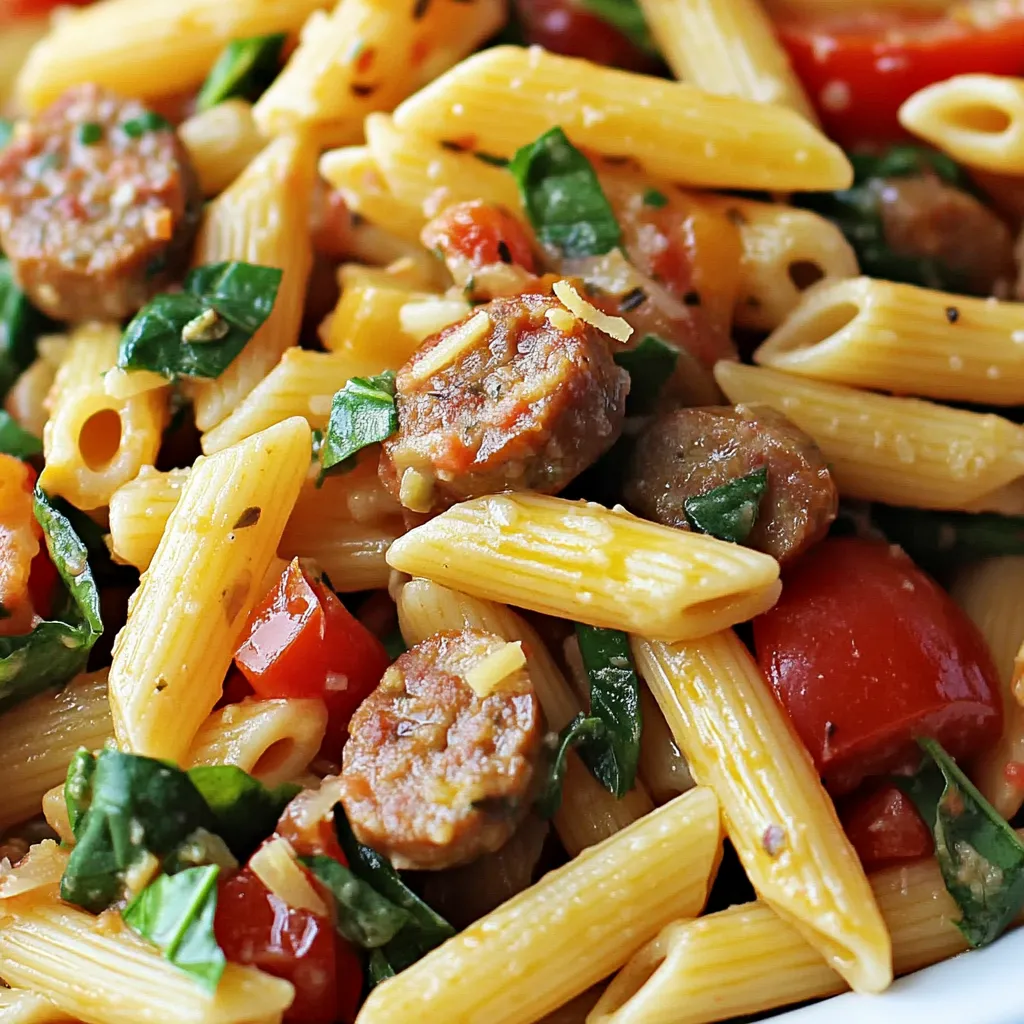 Colorful Italian Sausage Penne Salad served in a white bowl, packed with cherry tomatoes, basil, sausage, and cheese.