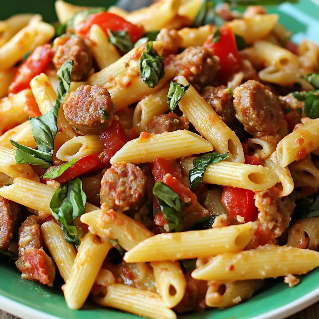 Colorful Italian Sausage Penne Salad served in a white bowl, packed with cherry tomatoes, basil, sausage, and cheese.