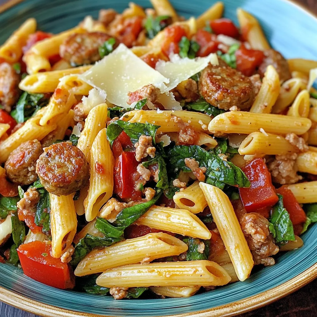 Colorful Italian Sausage Penne Salad served in a white bowl, packed with cherry tomatoes, basil, sausage, and cheese.