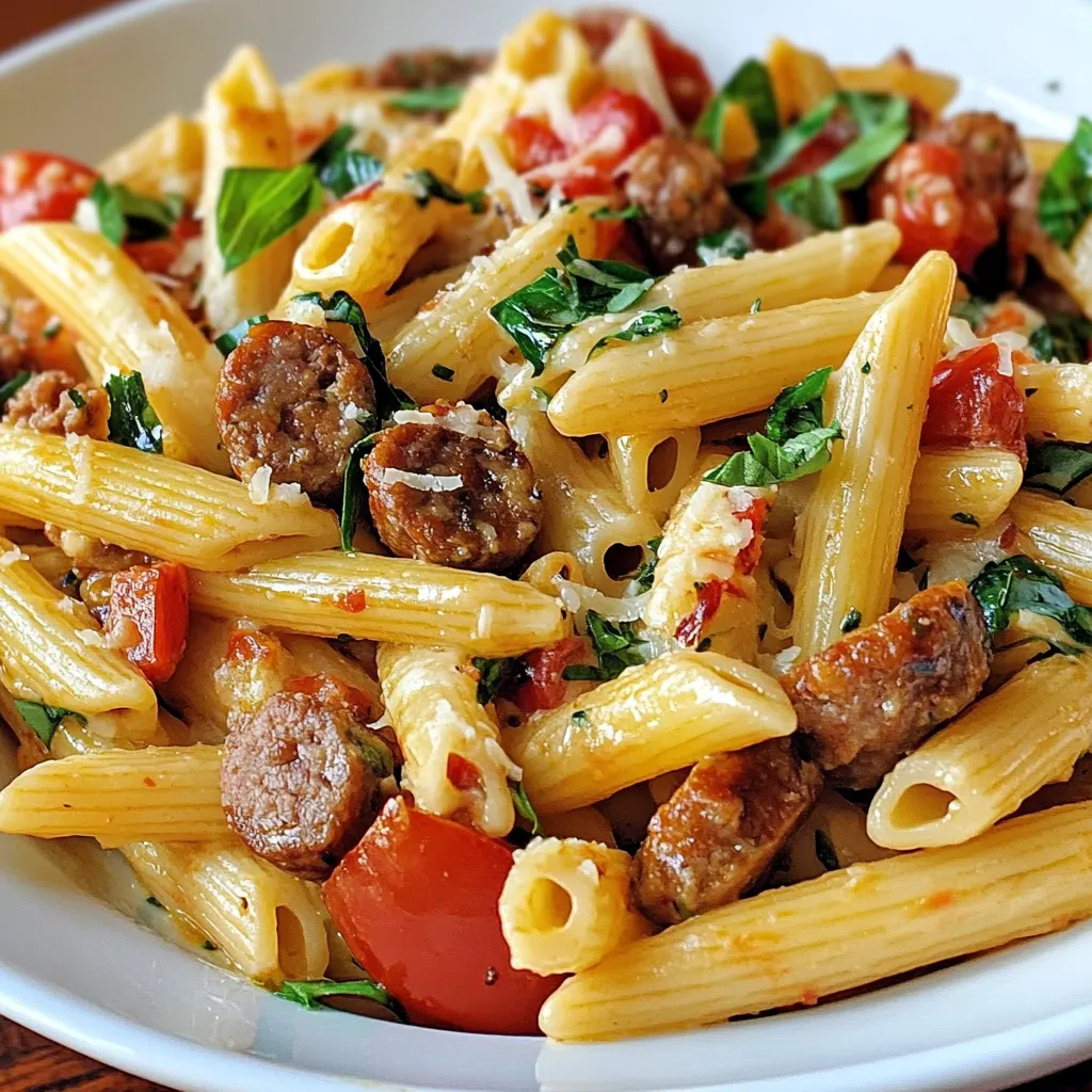 Colorful Italian Sausage Penne Salad served in a white bowl, packed with cherry tomatoes, basil, sausage, and cheese.