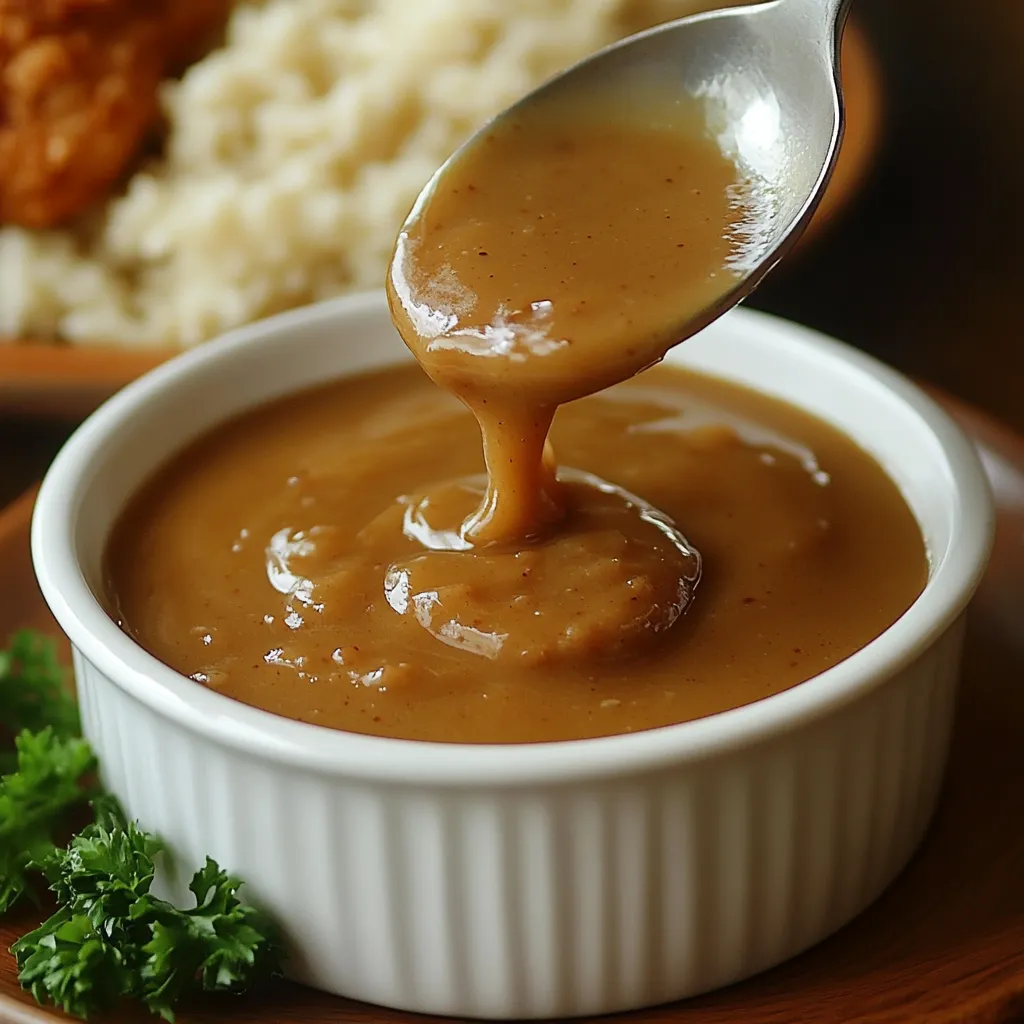 Homemade KFC-style brown gravy in a saucepan with a whisk
