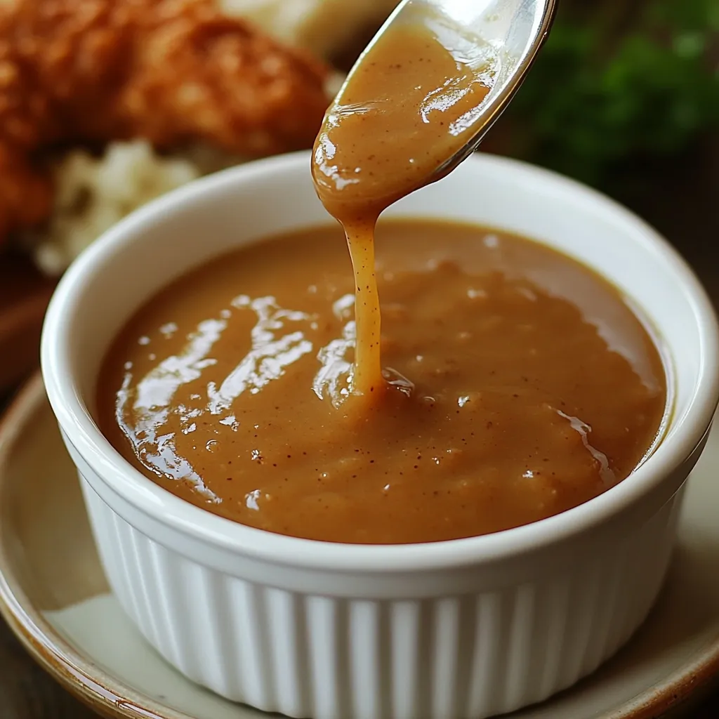 Homemade KFC-style brown gravy in a saucepan with a whisk
